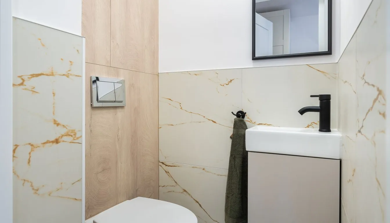 Bathroom with a marble wall and toilet