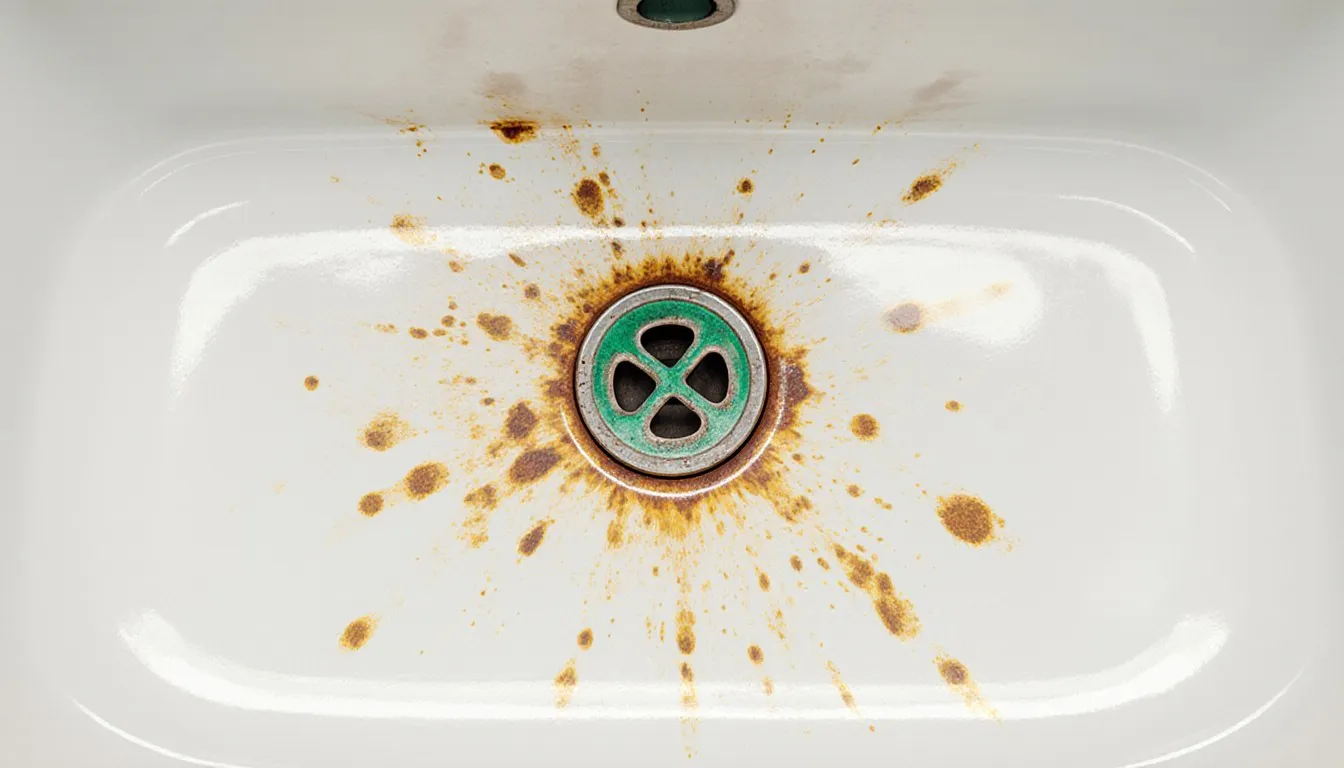 Rust stains spreading around a bathtub drain