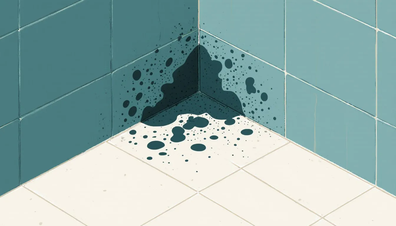 Black mold spreading in the corner of a tiled bathroom