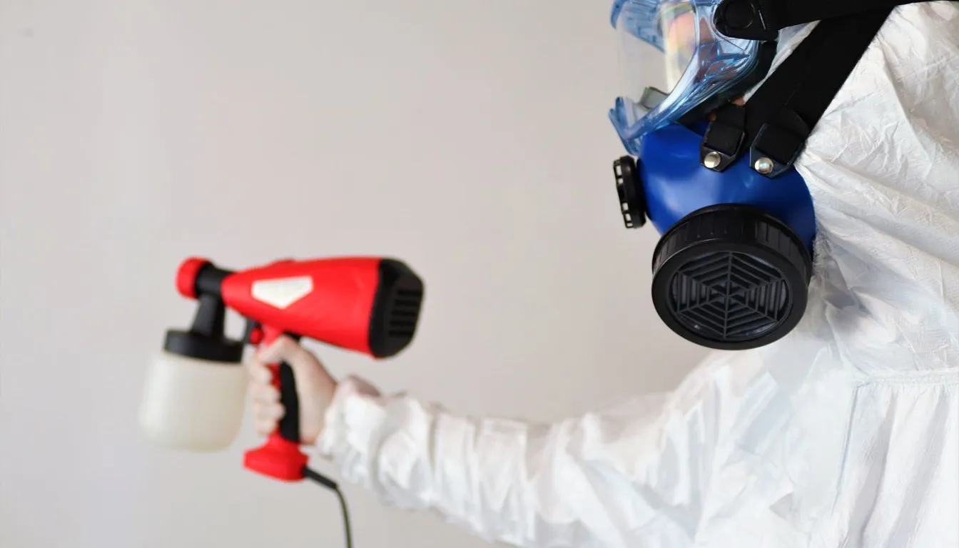 Worker in a protective suit and respirator using a spray gun