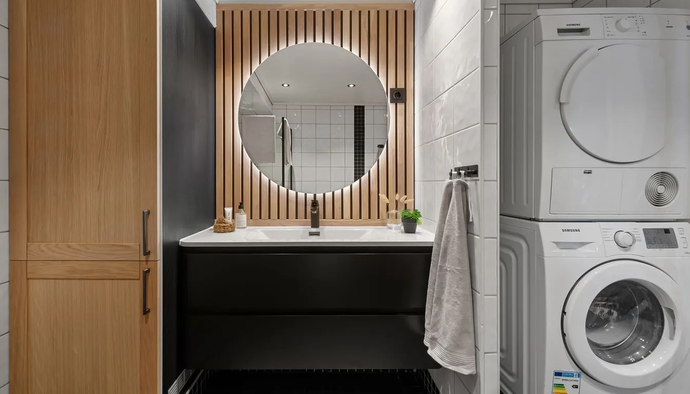 Stacked washer and dryer beside a bathroom vanity