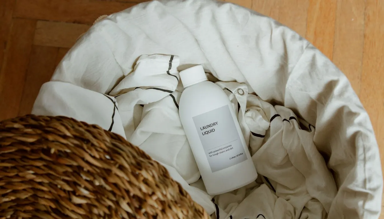 Bottle of laundry liquid beside folded white linens