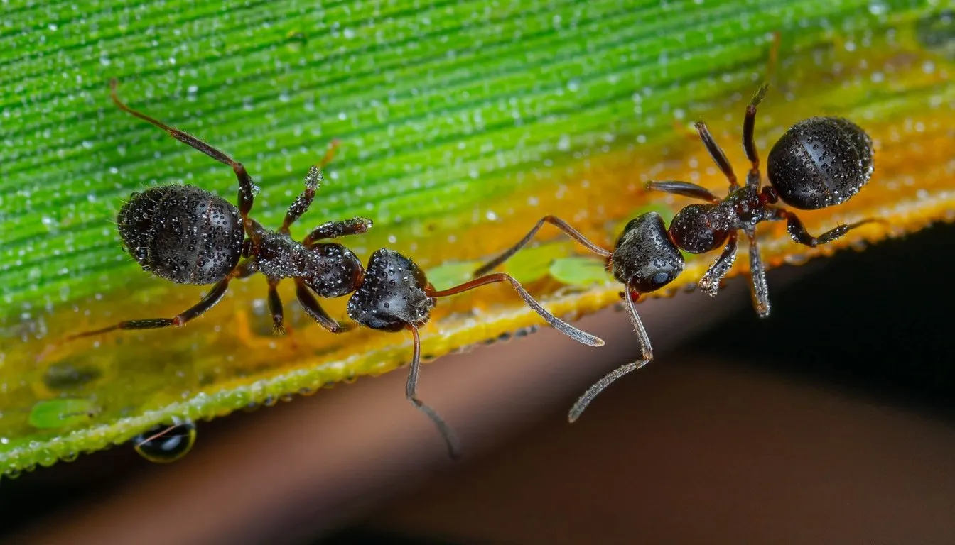 Two black ants on a green leaf