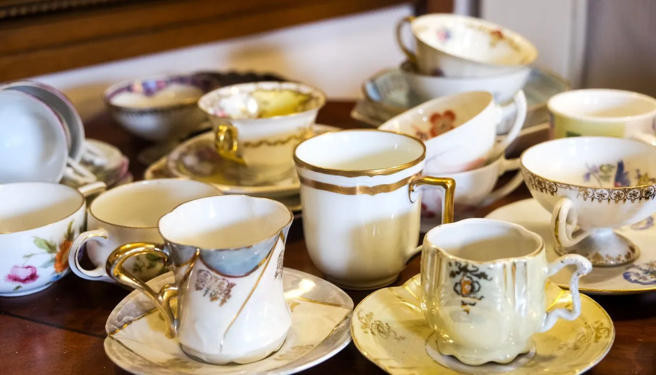 Collection of vintage hand-painted porcelain teacups and saucers with gilded rims