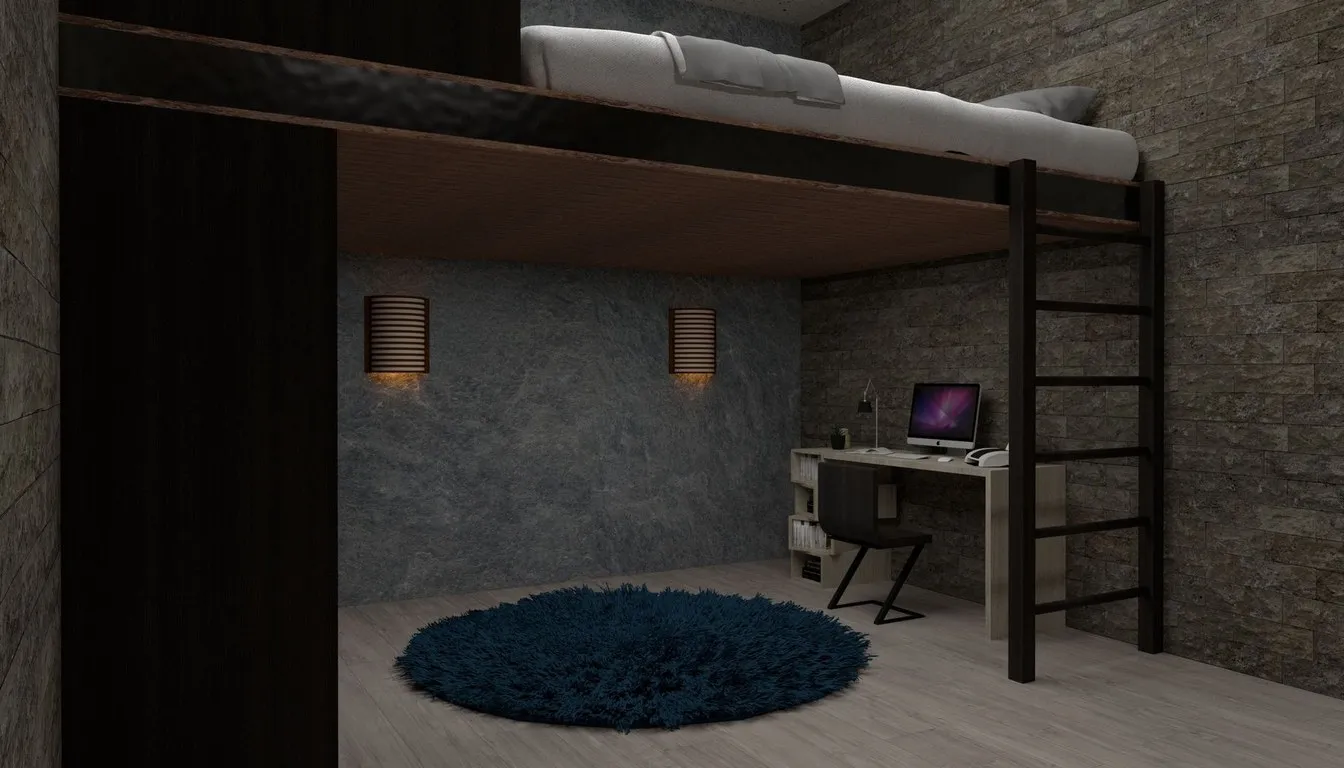 Loft bed with a wooden ladder in a modern bedroom