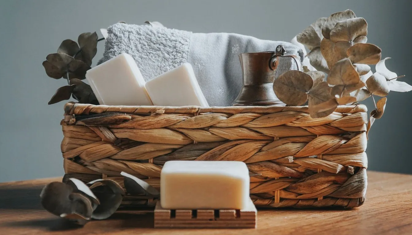 Bars of soap and a folded towel in a wicker basket