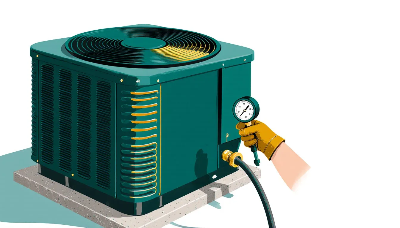Gloved hand attaching a gauge hose to a central air conditioner
