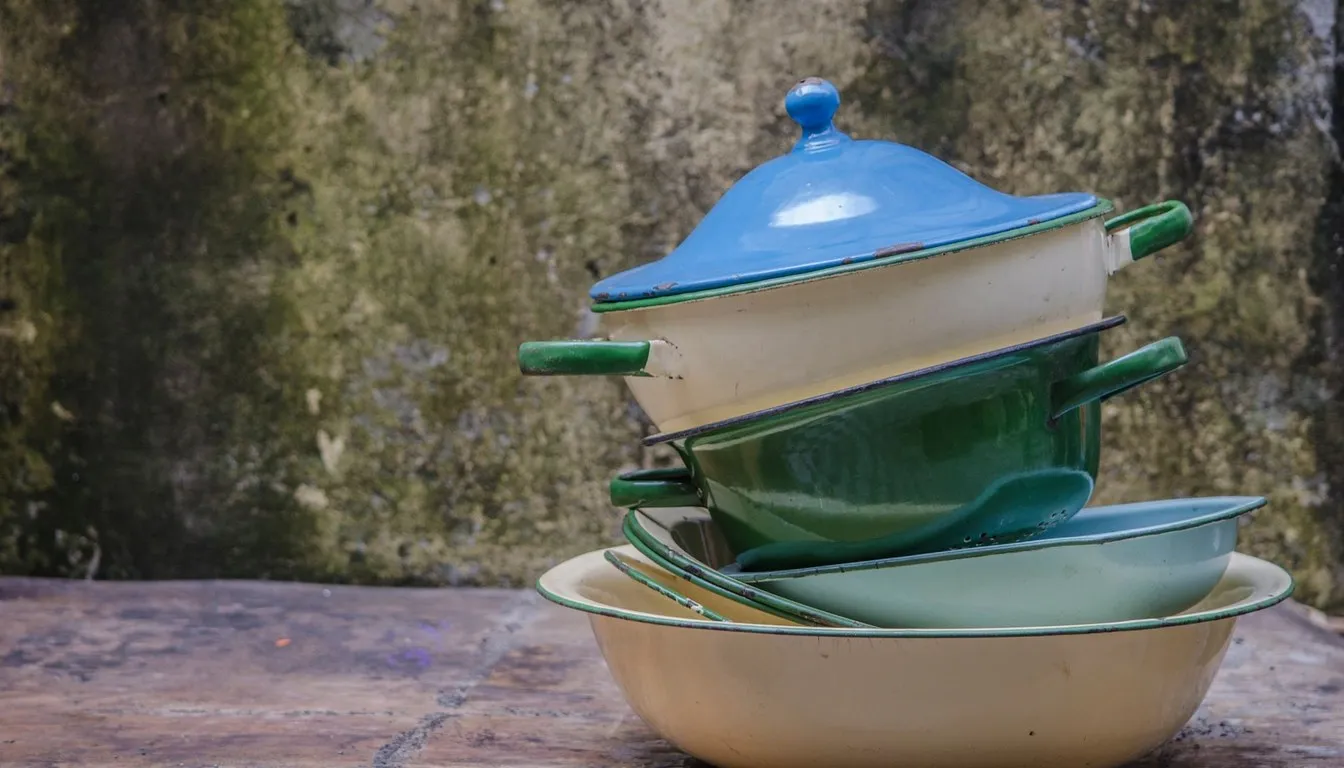 Stack of enameled cookware in blues and greens