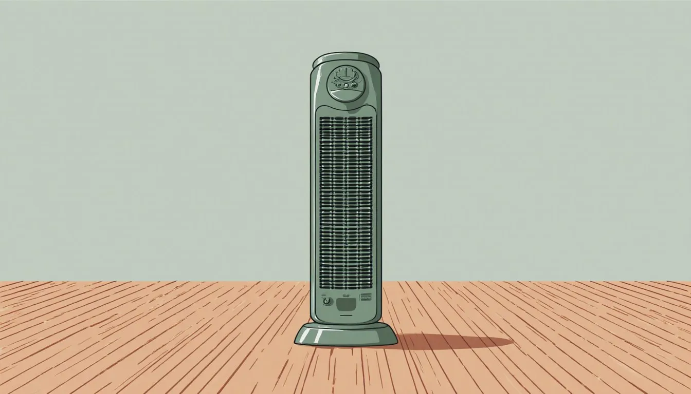 Ceramic tower space heater standing on a wood floor
