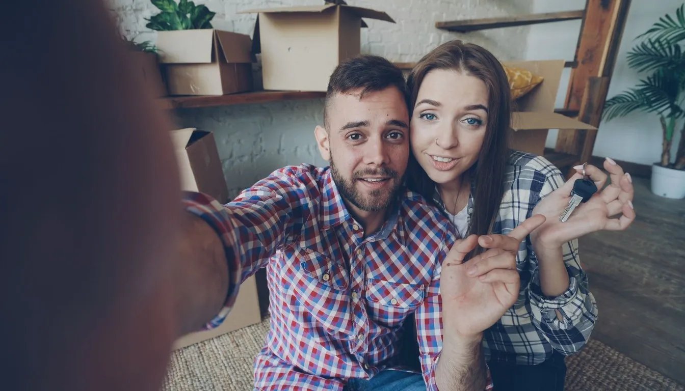 Couple taking a selfie with new keys among moving boxes