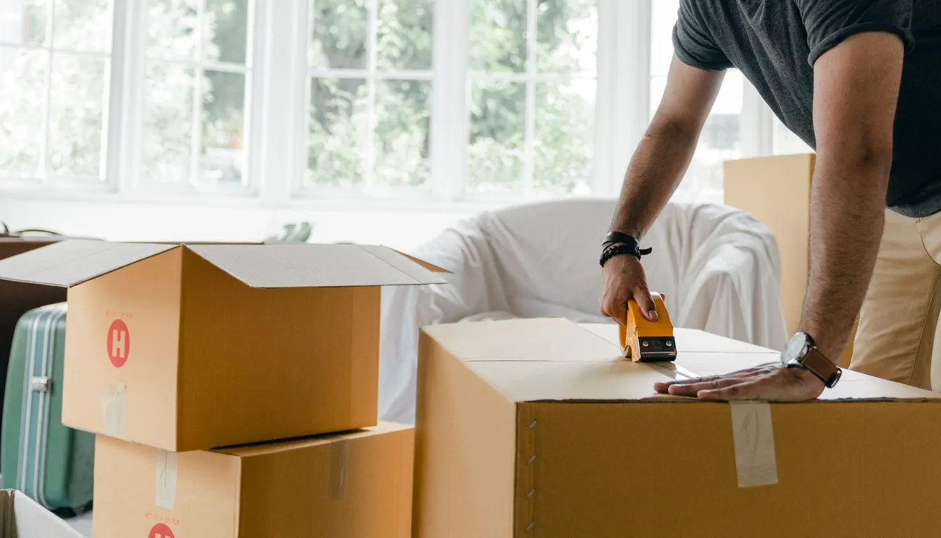 Man sealing cardboard moving boxes