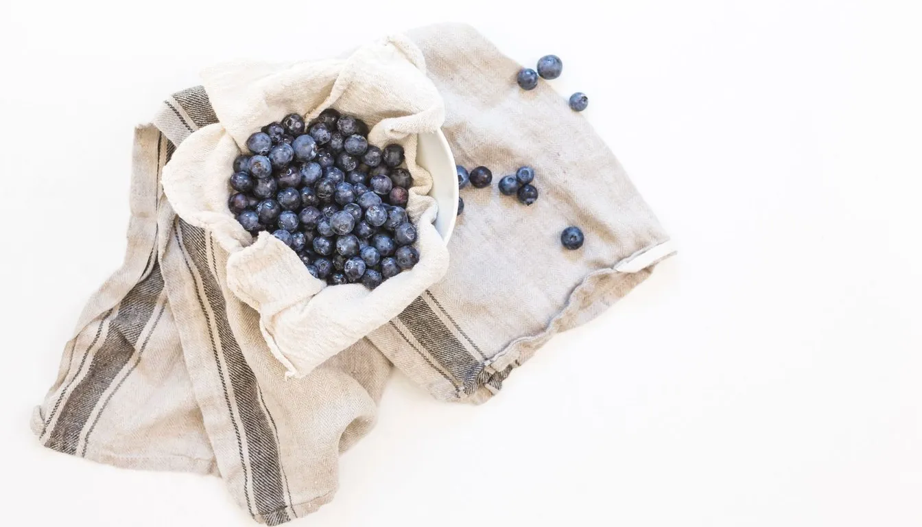 Blueberries bundled in cheesecloth