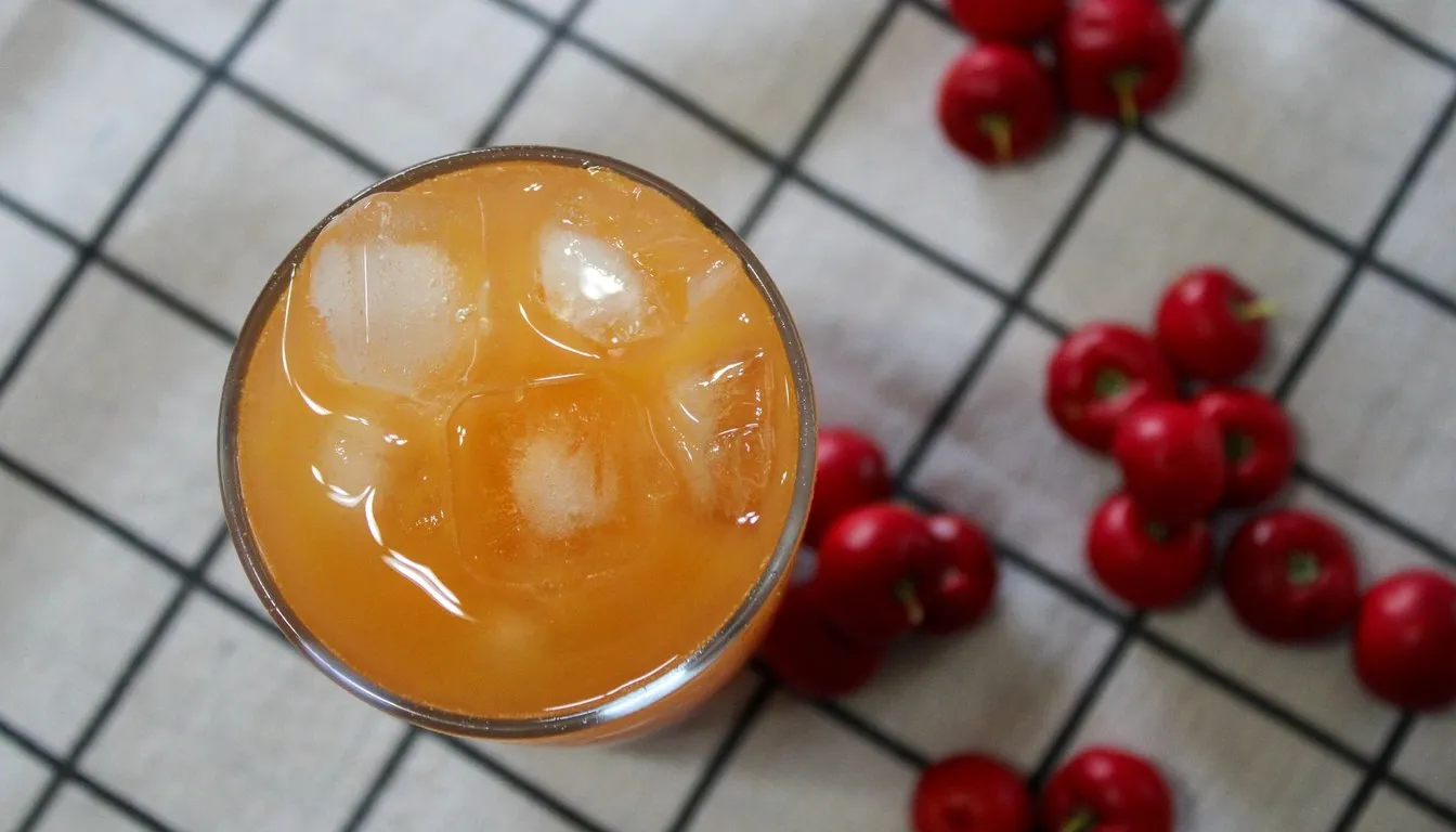 Glass of juice with fresh cherries on a tiled surface