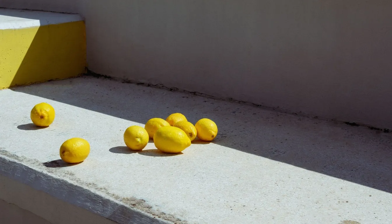 Lemons scattered on a sunlit white ledge