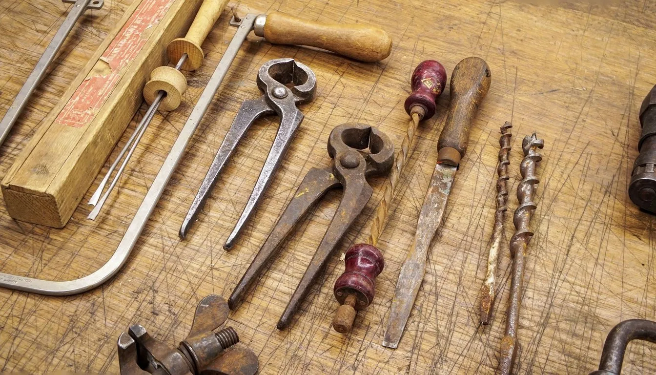 Rust-covered antique hand tools laid out on a scratched wooden bench