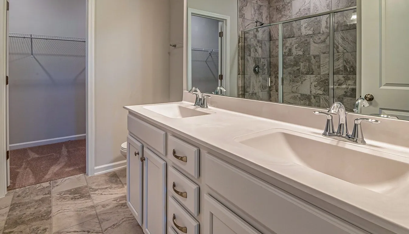 Bathroom vanity with a cultured marble double-sink countertop