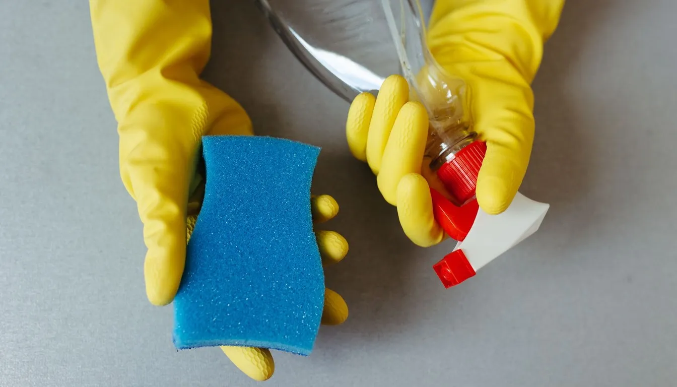 Gloved hands with sponge and disinfectant spray