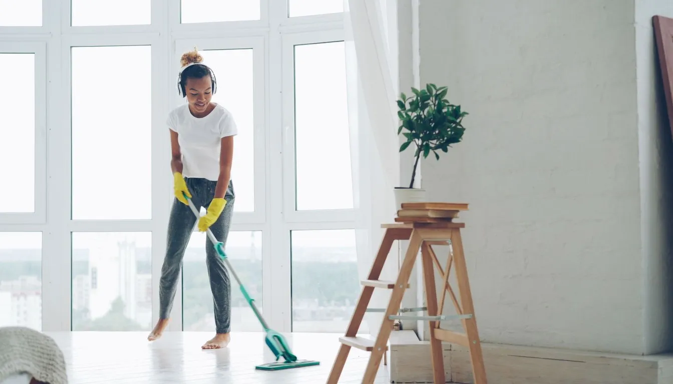 Woman mopping a floor by a bright window