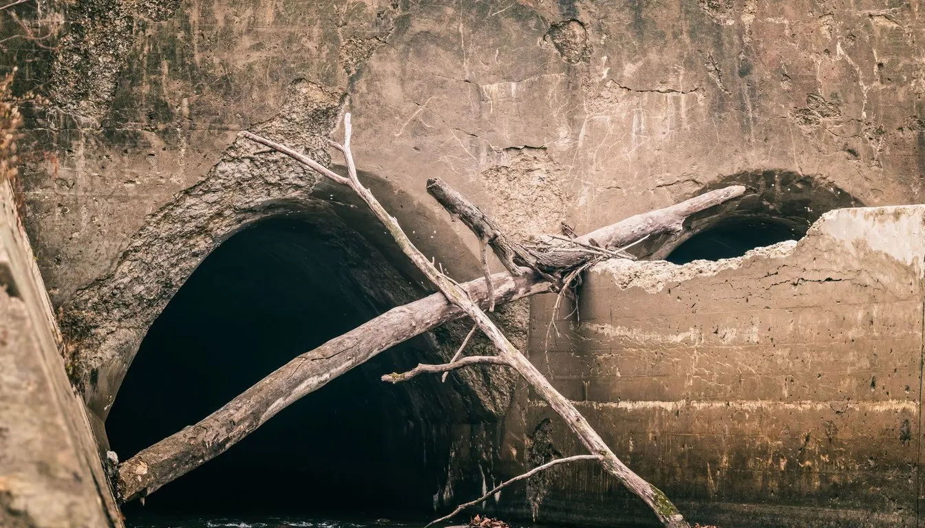 A drainage tunnel mouth blocked by fallen branches
