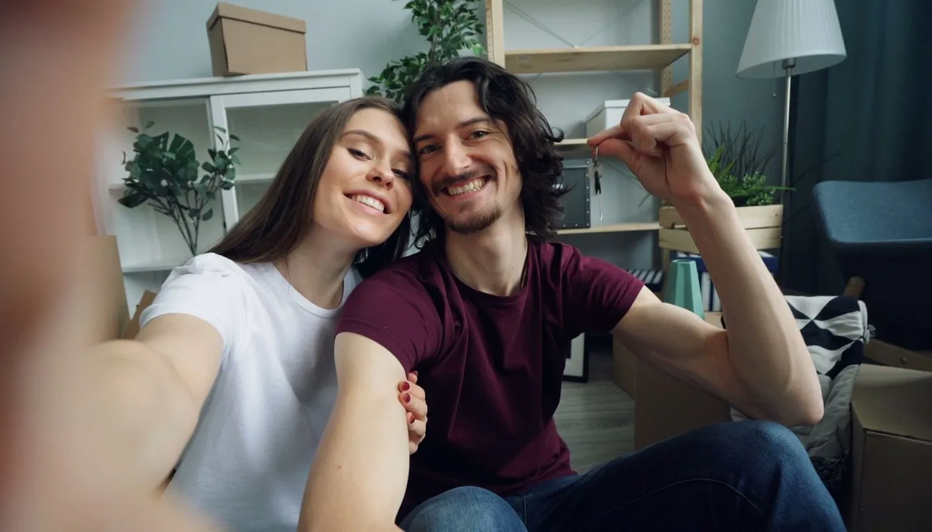 A couple taking a selfie holding new apartment keys among moving boxes