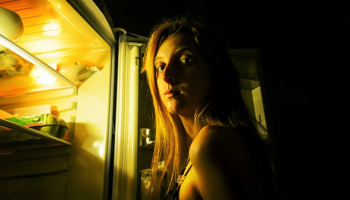 Woman reaching into an open refrigerator at night