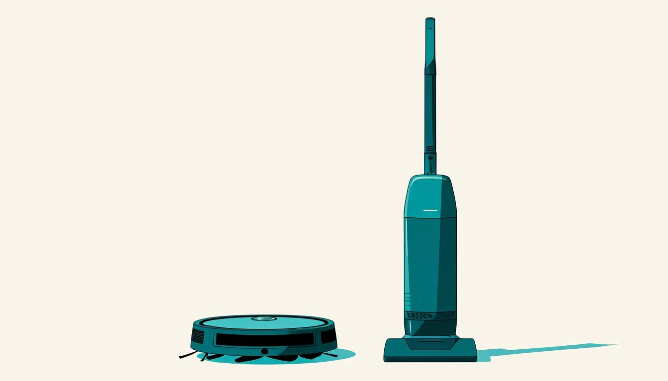 Upright vacuum cleaner beside a robot vacuum
