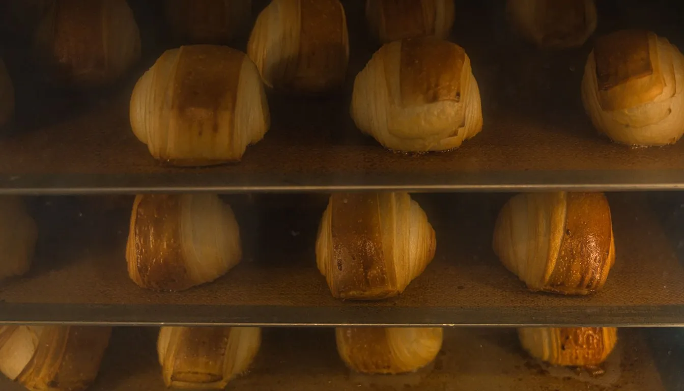 Pastries baking on racks inside an oven