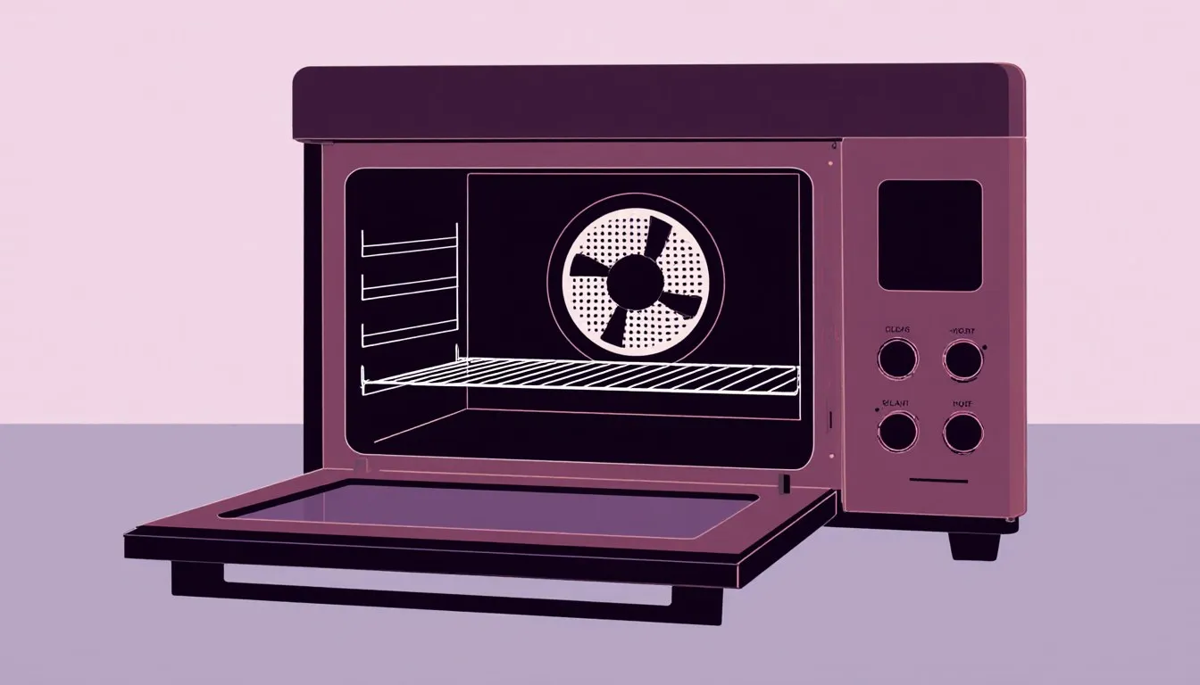 Countertop convection oven with its door open showing the fan