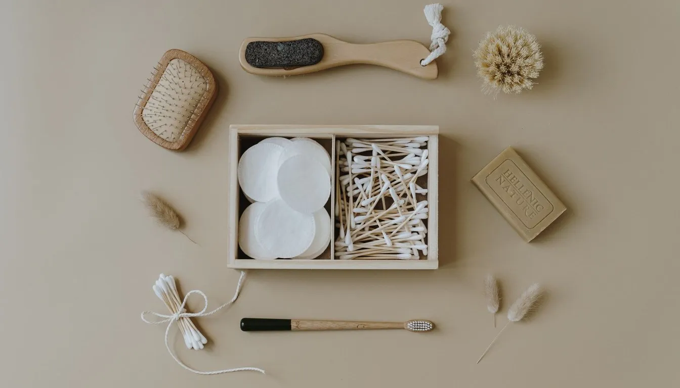 Flat lay of brushes, soap, and cotton pads
