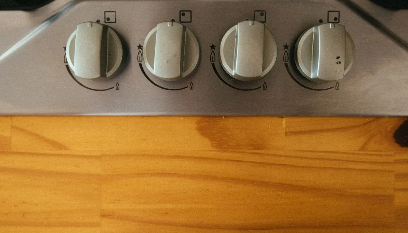Row of stove control knobs above a wooden panel