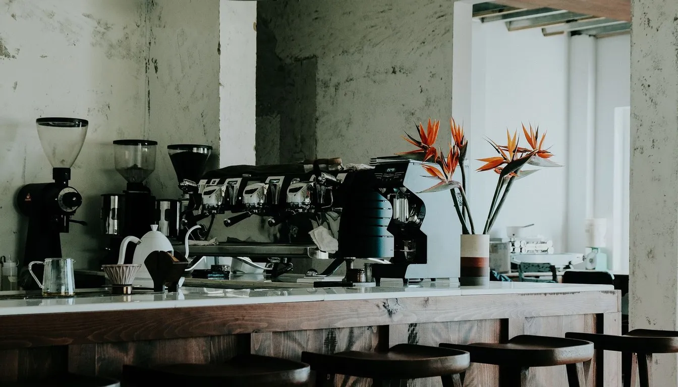 Espresso machines and grinders on a cafe counter