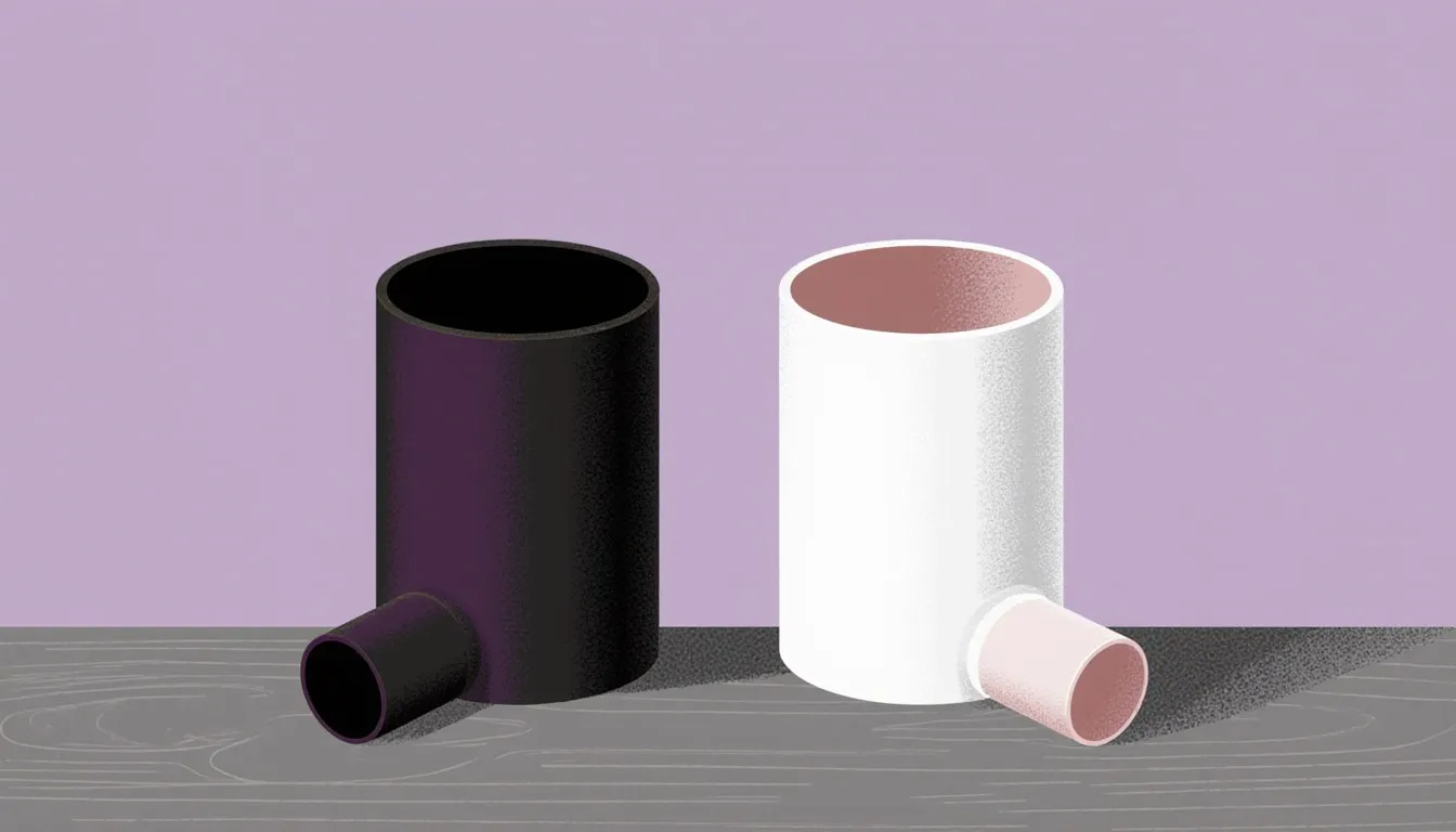 Black ABS pipe beside a white PVC pipe with their fittings