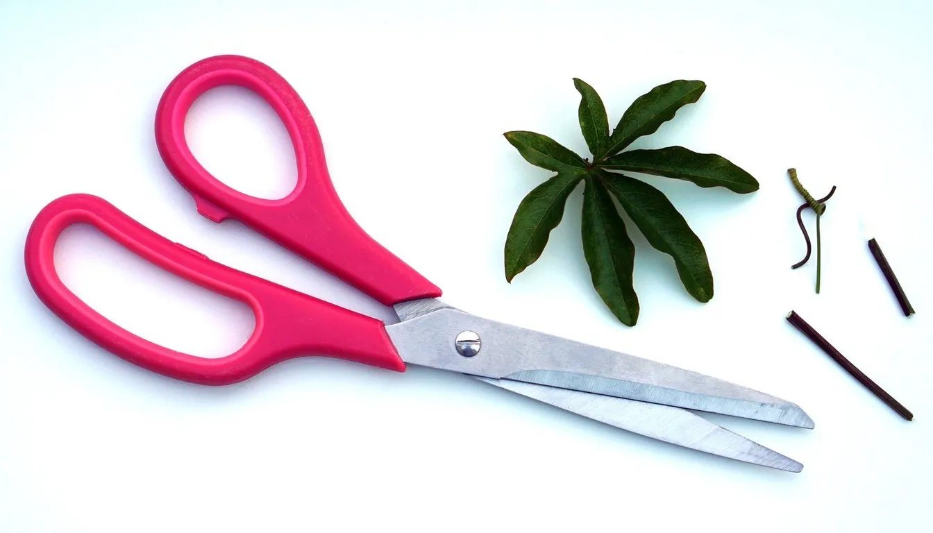 A pair of red-handled scissors laid flat beside a green leaf