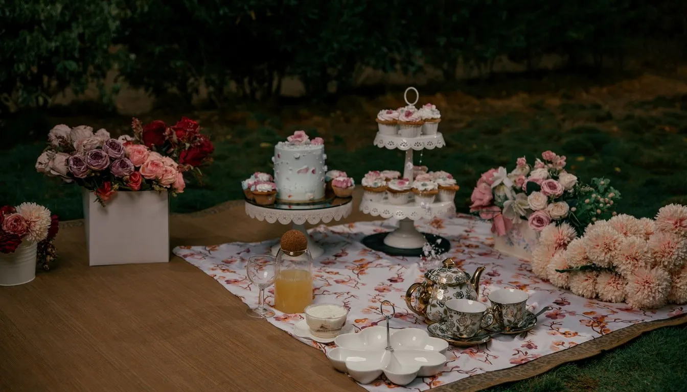 Tiered cake stands on an outdoor dessert table with flowers