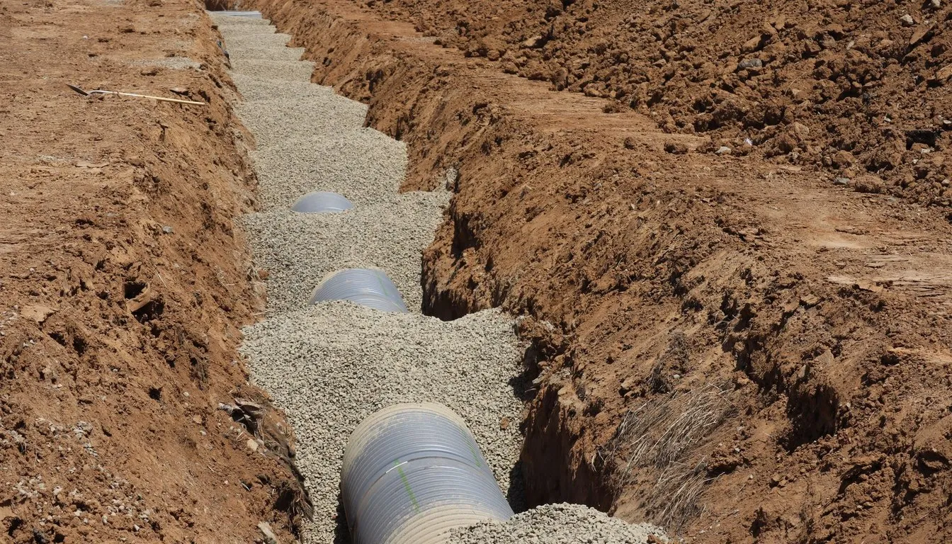 Perforated drainage pipe laid in a gravel-lined trench