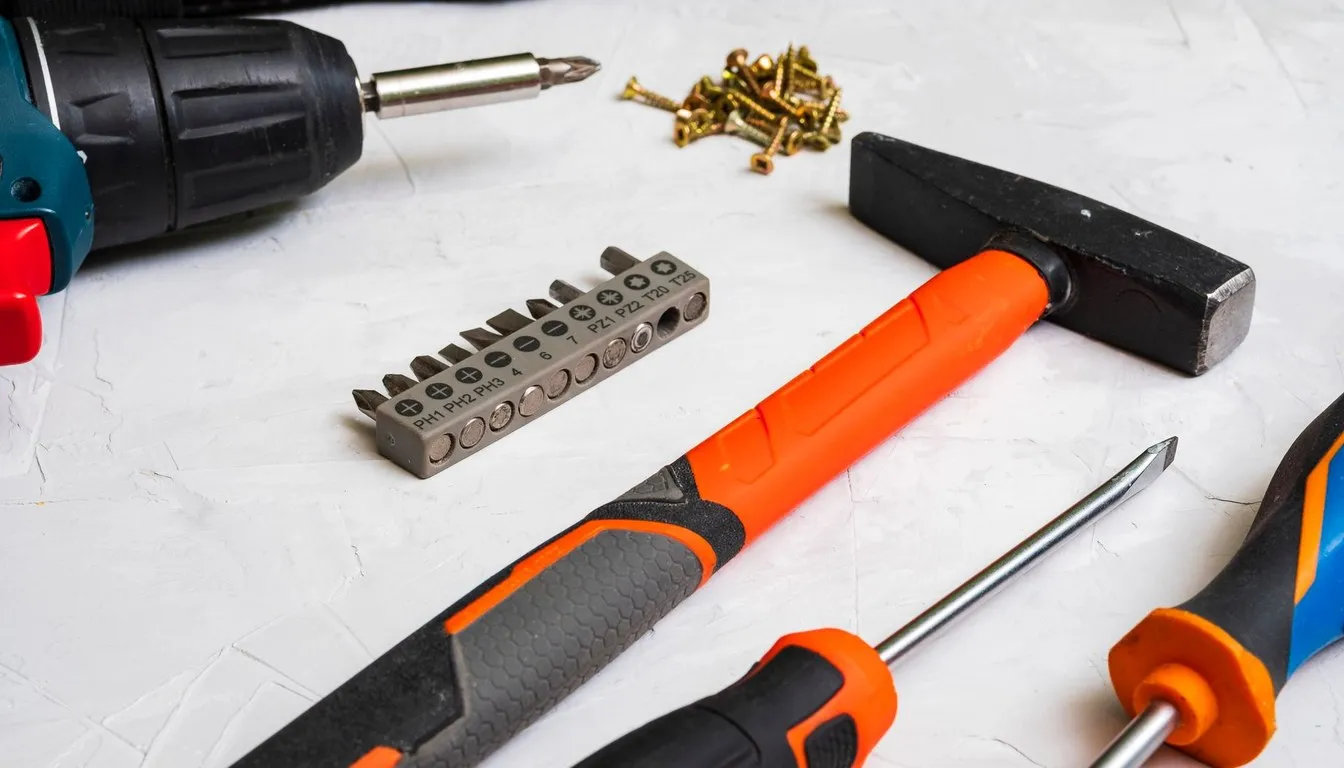 Drill, screwdriver bits, and brass screws on a white surface