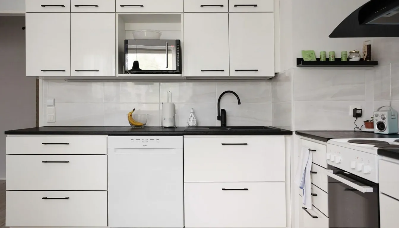 White kitchen with a built-in dishwasher and cooker