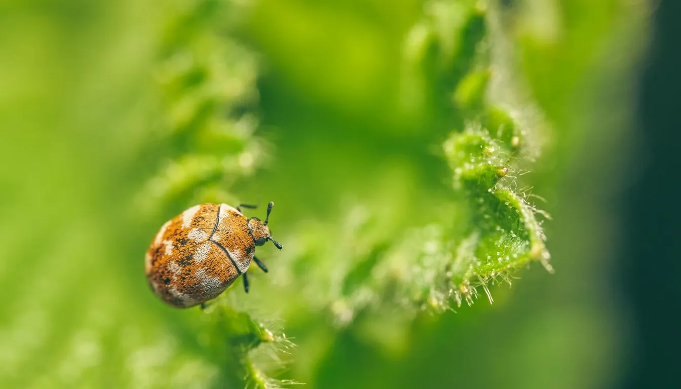 Spotted carpet beetle on a green leaf