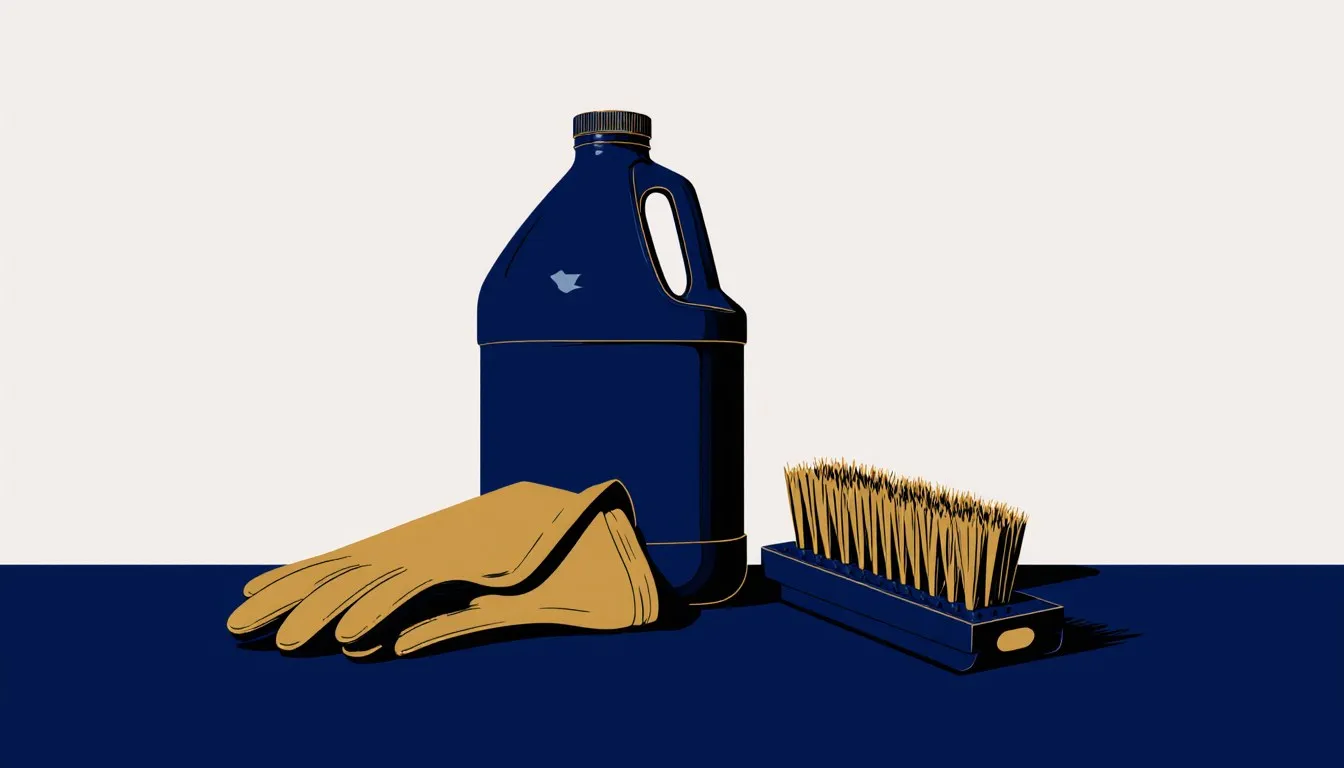 Bleach jug with rubber gloves and a scrub brush