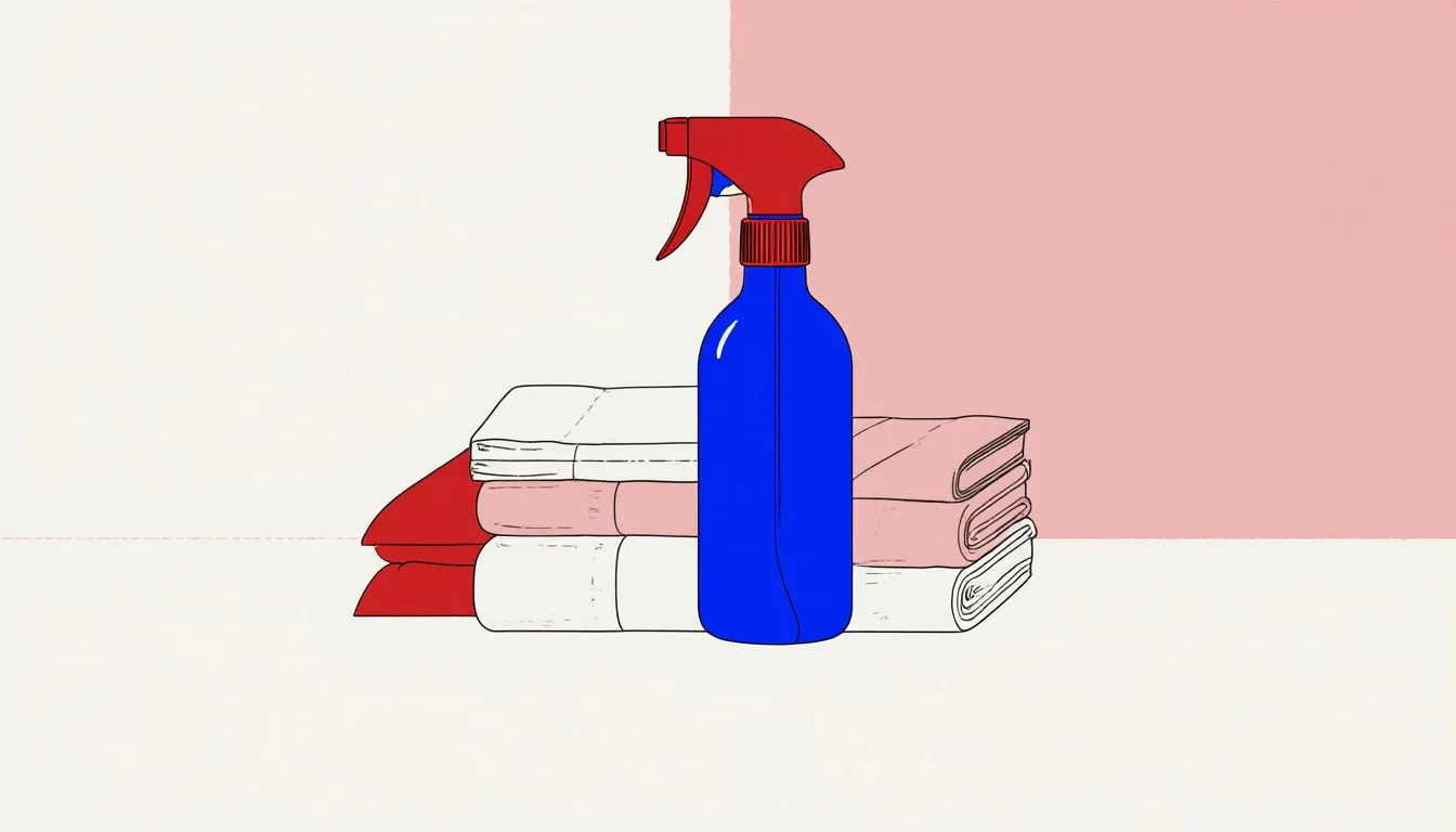 Spray bottle beside folded bedding on a mattress