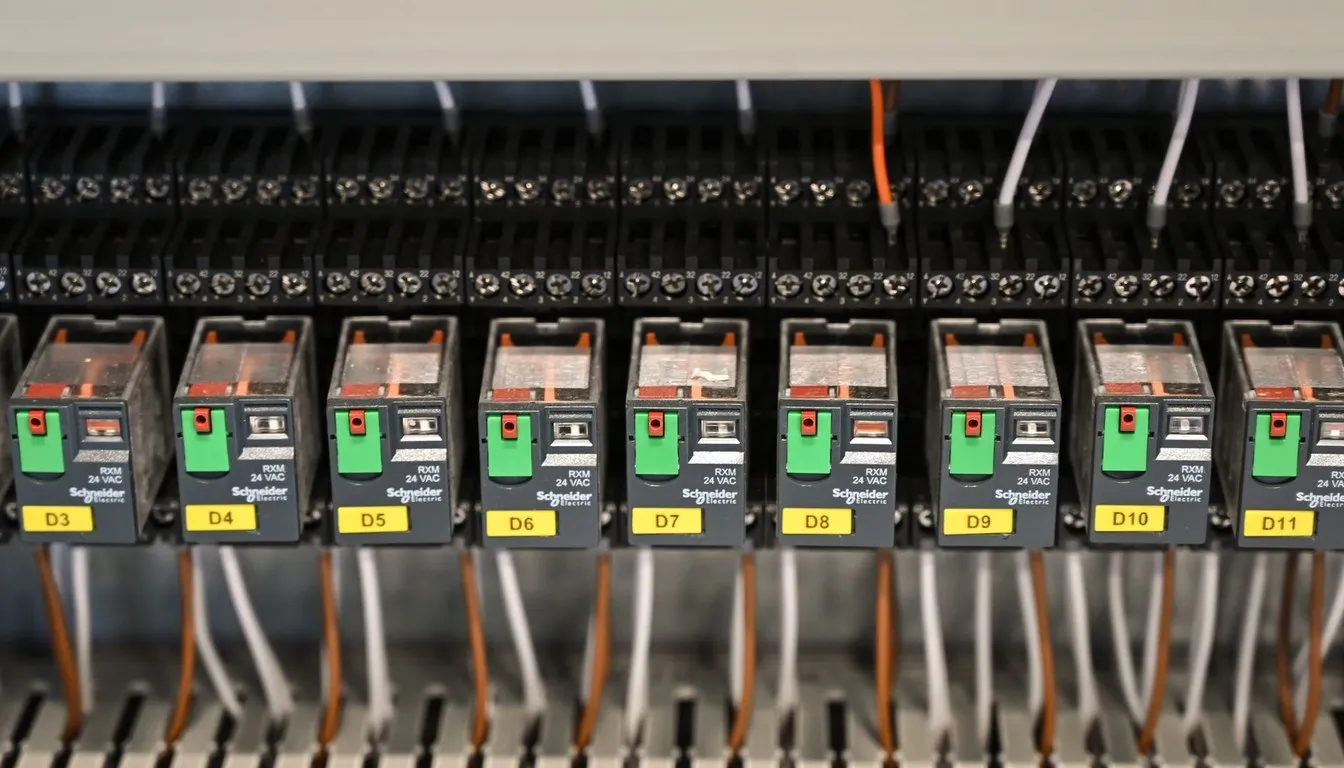 Rows of circuit breakers with wiring