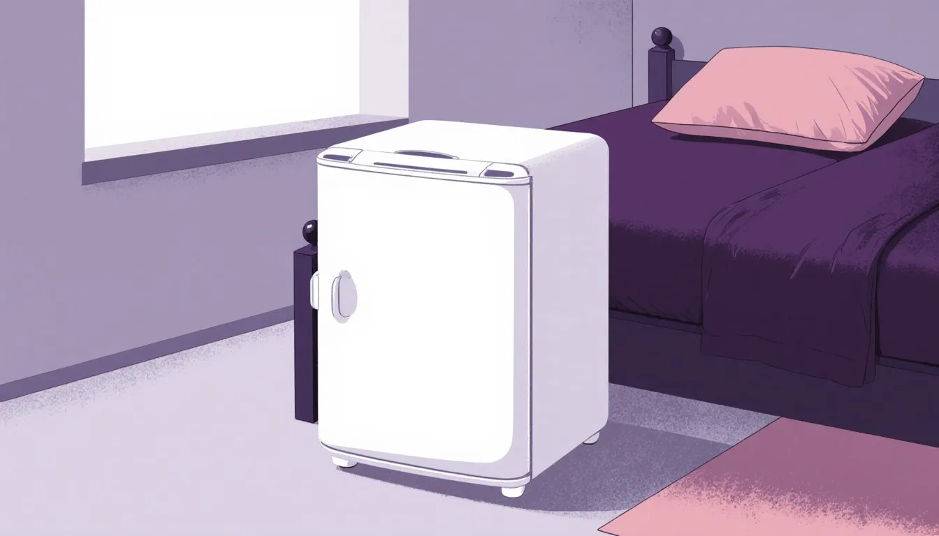 Compact mini fridge standing beside a bed in a dorm room