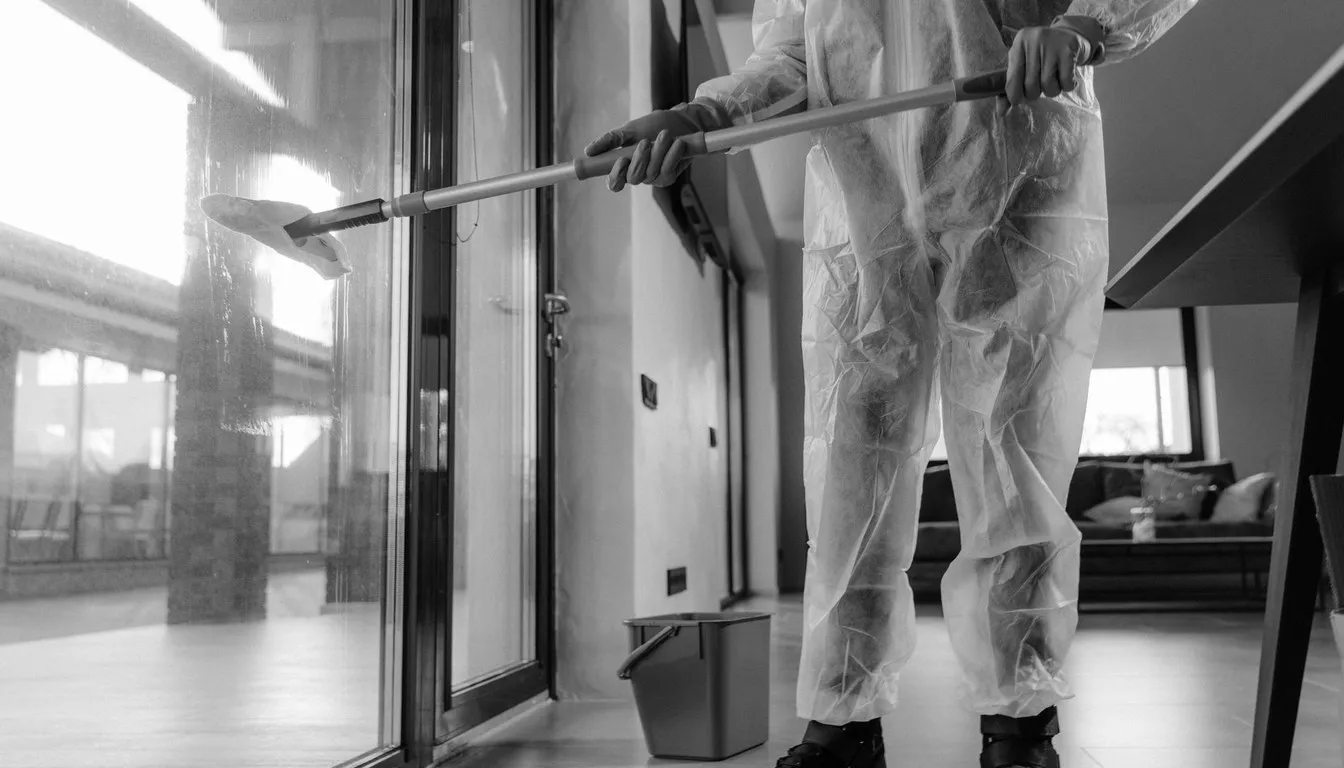 Worker in coveralls cleaning a glass door
