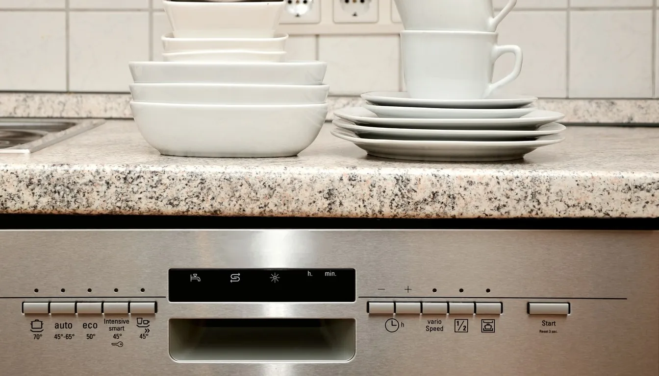 Stacks of clean white bowls, plates and cups on a granite countertop above a stainless steel dishwasher's control panel