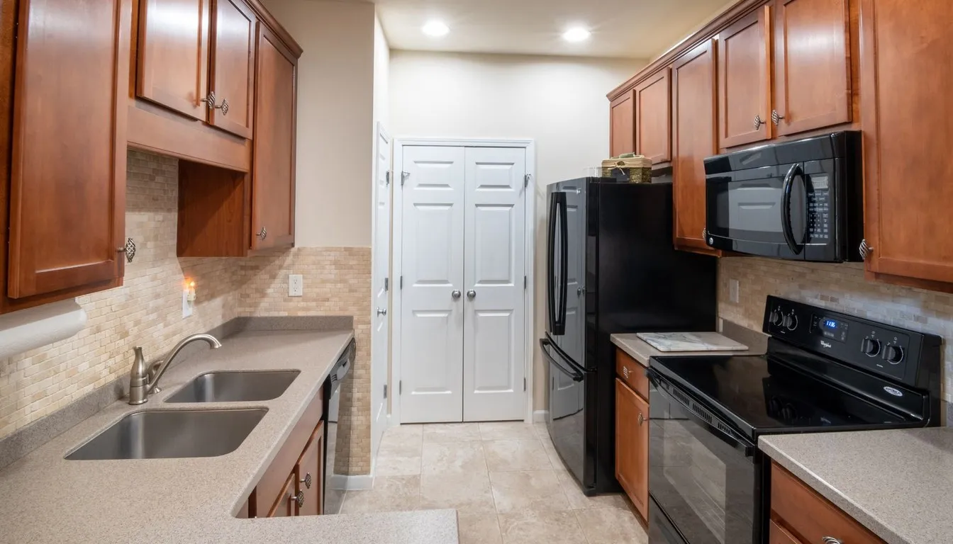 Kitchen with a black double-oven range and oak cabinets
