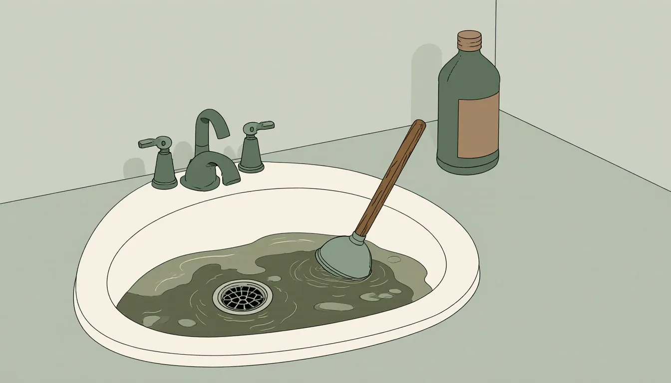 Plunger standing in a clogged bathroom sink