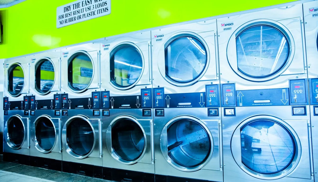 Row of dryers in a laundromat with a lime green wall