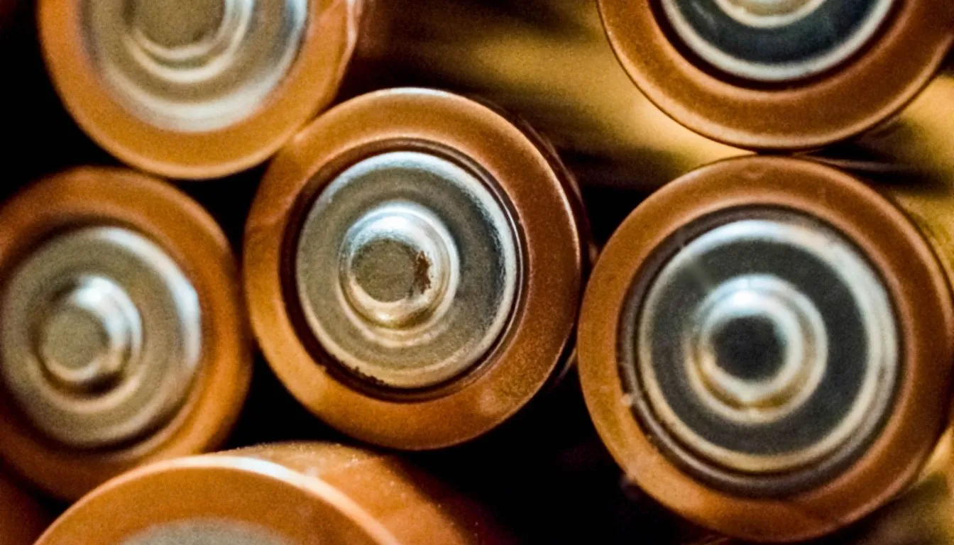 Close-up of the tops of alkaline batteries