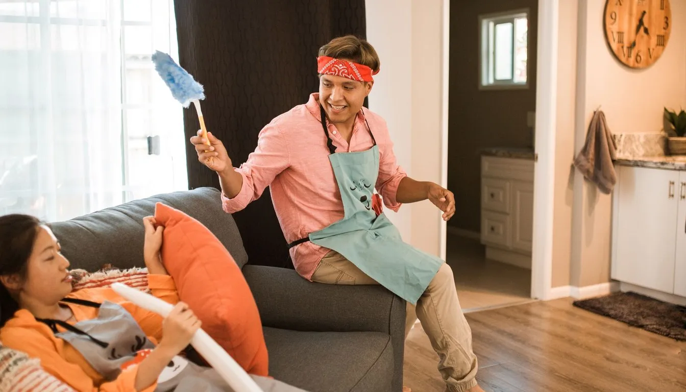Man holding a feather duster in the living room
