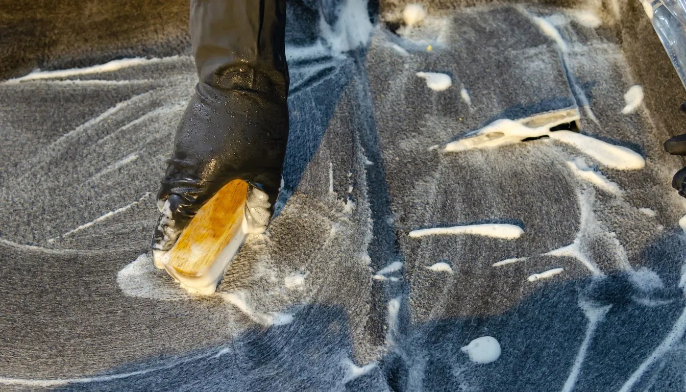 Shoe being scrubbed with a soapy brush